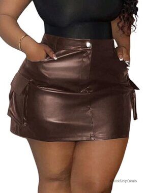 Plus Size PU Leather Mini Cargo Skirt High Waist Flap Pocket
